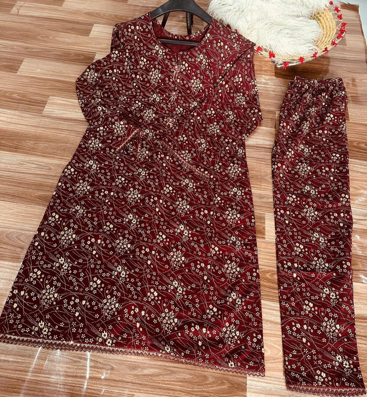 Maroon khaddar two-piece ready-to-wear dress for women, featuring premium fabric, intricate lace detailing, and elegant buttons, perfect for stylish and cozy winter wear